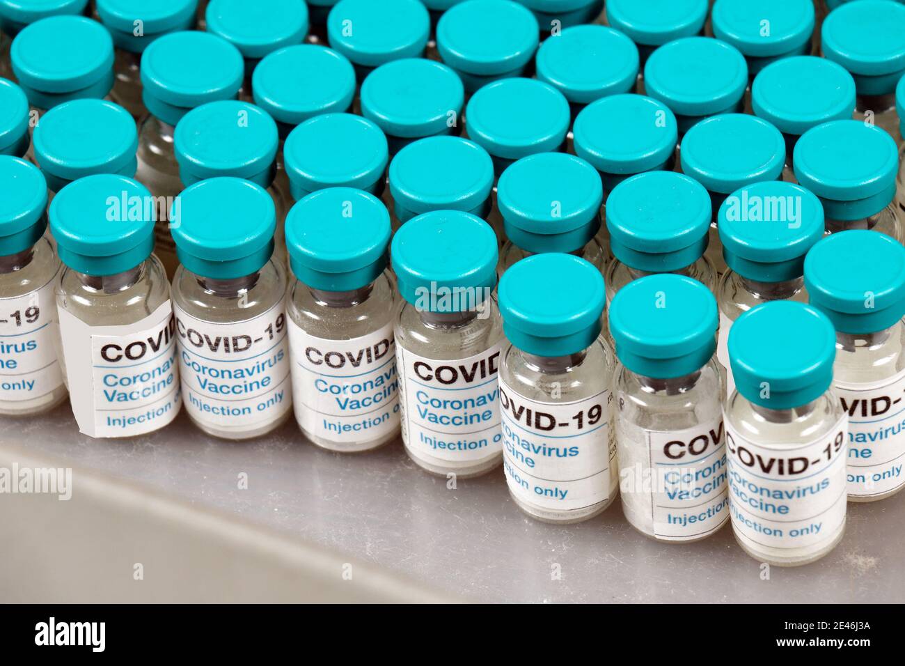 Covid-19 vaccine vials for virus in pharma industry on laboratory shelf Stock Photo