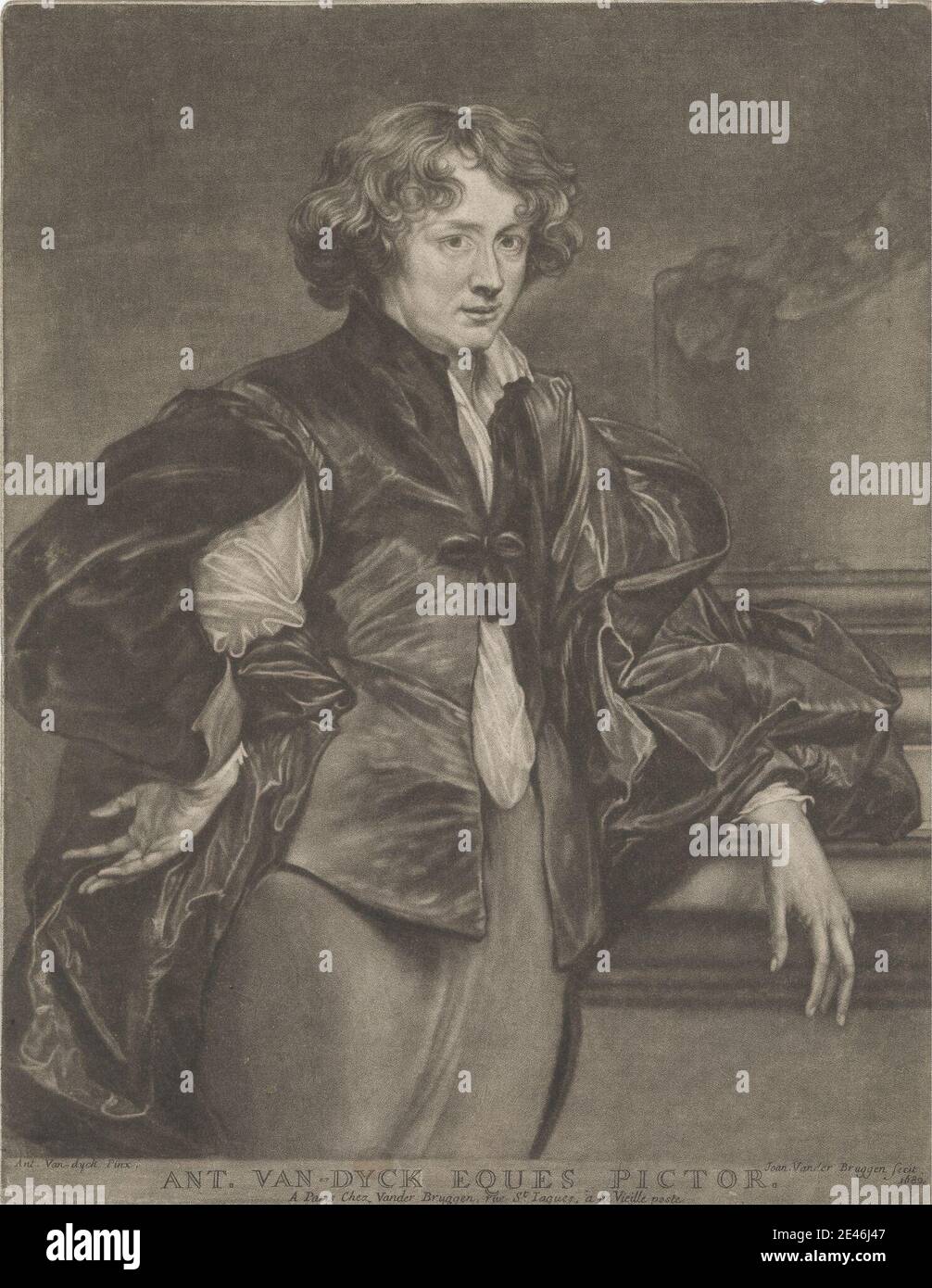 Print made by Jan van der Bruggen, 1649â€“1714, Dutch, Anthony van Dyck, Eques Pictor, 1682. Mezzotint on moderately thick, slightly textured, cream laid paper.   artist , bow (costume accessory) , cloak , cloth , column (architectural element) , costume , curls , man , pillar , portrait , self-portrait. Dyck, Sir Anthony Van (1599â€“1641), painter and etcher Stock Photo