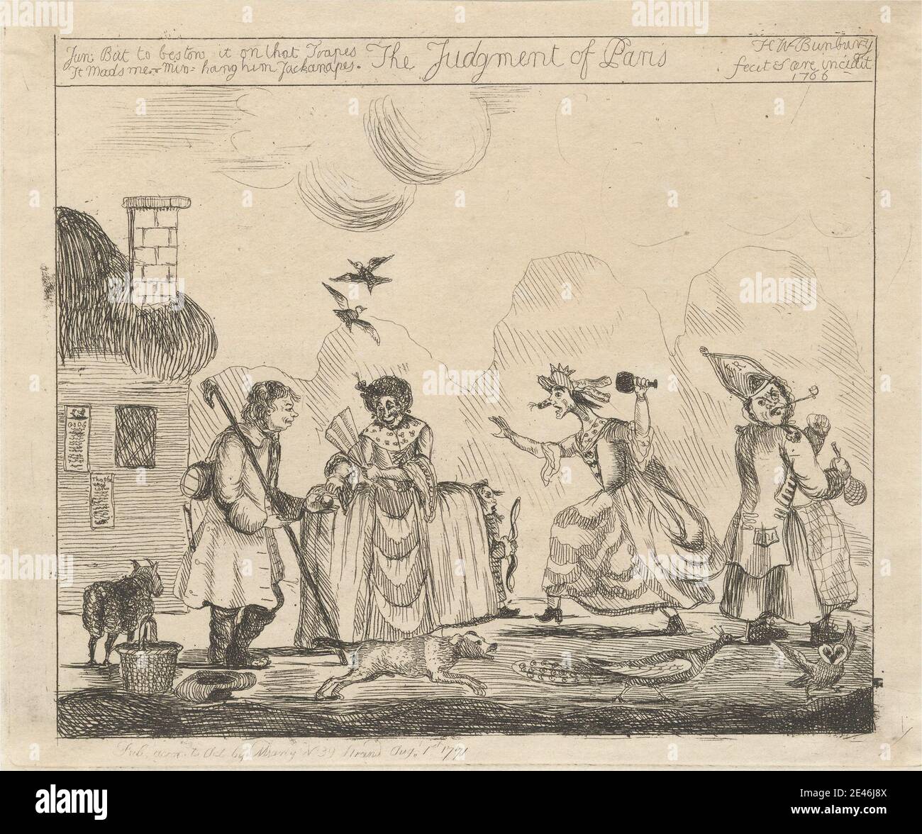 Print made by Henry William Bunbury, 1750â€“1811, British, The Judgement of Paris, 1771. Etching on moderately thick, slightly textured, cream laid paper.   bag , birds , bow , caricature , chimney , clouds , contest , dogs (animals) , dwarf , fan , fancy dress , genre subject , goddesses , house , judgements , man , owls , Paris and the golden apple , peacock (bird) , pipe , satire , sheep , staff , the Judgement of Paris (Mercury present) , ugly , wig , wine glass , women. Paris Juno Minerva Mercury Venus Stock Photo