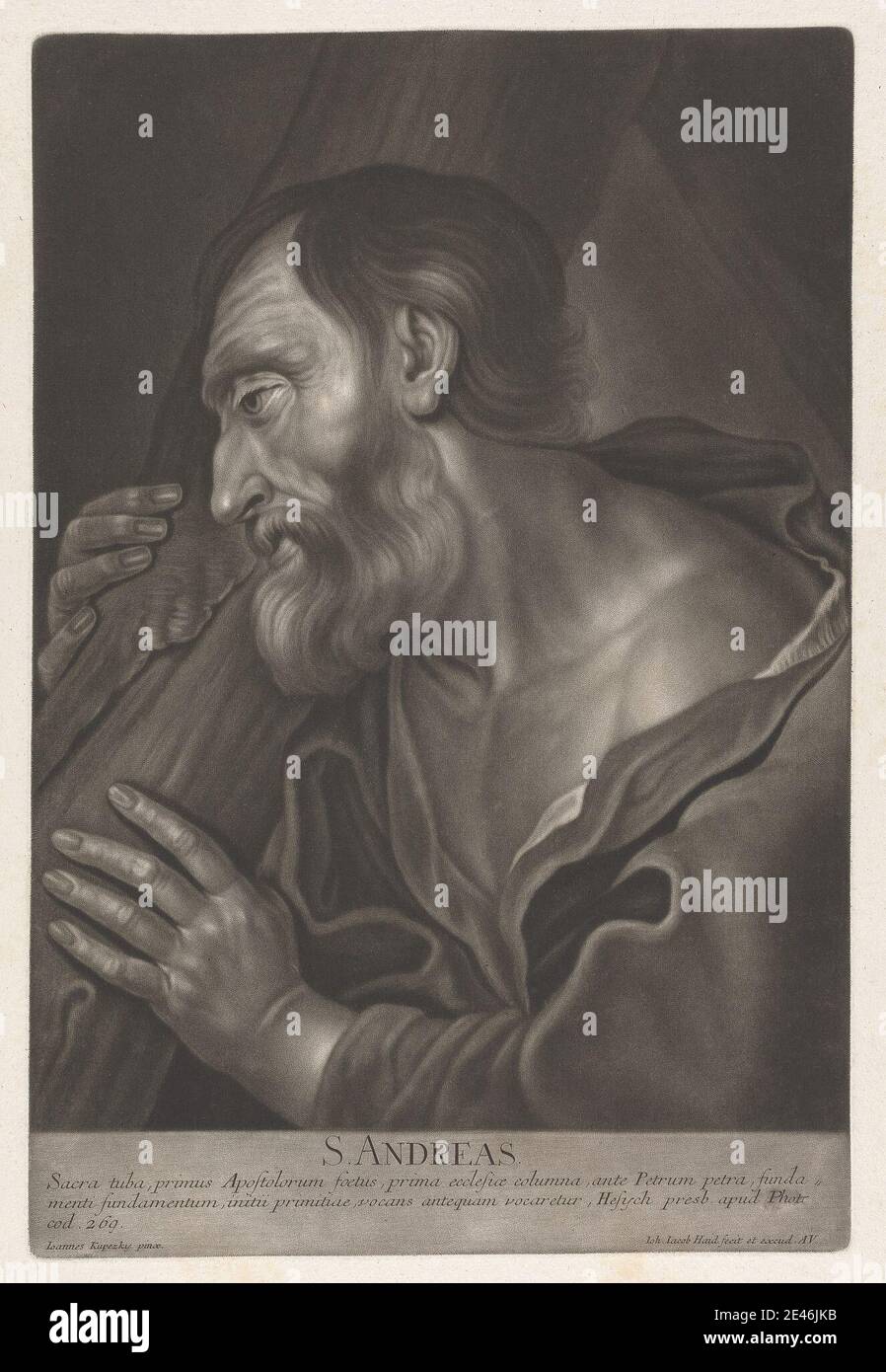 Print made by Johann Jacobus Haid, 1704â€“1767, S. Andreas, undated. Mezzotint on moderately thick, moderately textured, cream wove paper.   apostle , beard , Christian , Christianity , cloak , cross (motif) , historical subject , leaning , man , religious , religious and mythological subject , saint , solemn , thoughtful , wood. St. Andrew Stock Photo