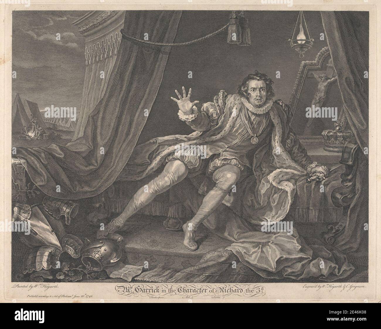 William Hogarth, 1697–1764, British, Mr. Garrick in the Character of Richard the Third - Richard III, Act V, Scene VII, 1746. Engraving. armor , crucifix , dagger , fear , literary theme , military camp , Richard III, play by William Shakespeare , tents. Shakespeare, William (1564–1616), playwright and poet Garrick, David (1717–1779), actor and playwright Stock Photo