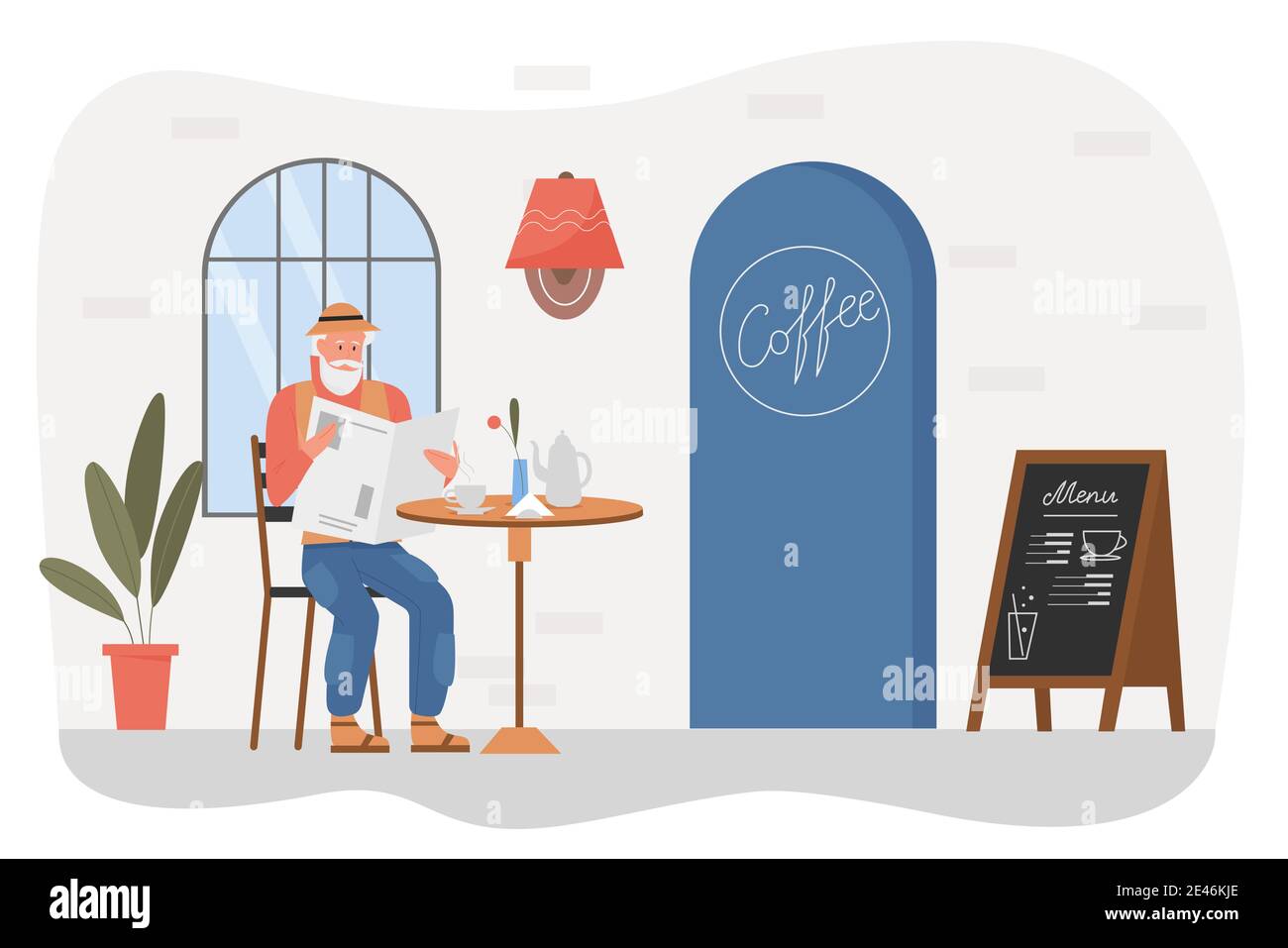 Old man in cafe vector illustration. Cartoon elderly senior male character sitting at outdoor street cafeteria or coffeehouse table, reading newspaper and drinking hot coffee isolated on white Stock Vector