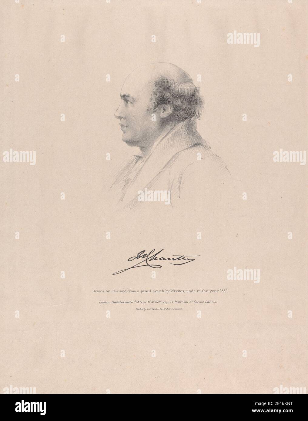 Print made by Thomas Fairland, 1804â€“1852, British, Francis Chantrey, 1841. Lithograph on moderately thick, smooth, beige wove paper.   artist , collar , man , middle-aged , portrait , profile , sculptor. Chantrey, Sir Francis Leggatt (1781â€“1841), sculptor Stock Photo