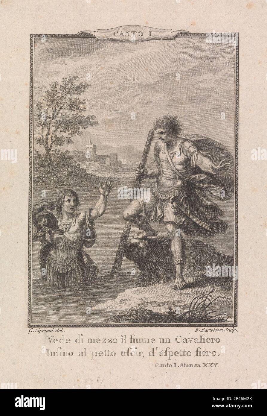 Francesco Bartolozzi RA, 1728â€“1815, Italian, active in Britain (1764â€“99), A Plate from Orlando Furioso: Vede di mezzo il fiume un cavaliero / Insino al petto uscir, d'aspetto fiero, 1773. Engraving. Stock Photo