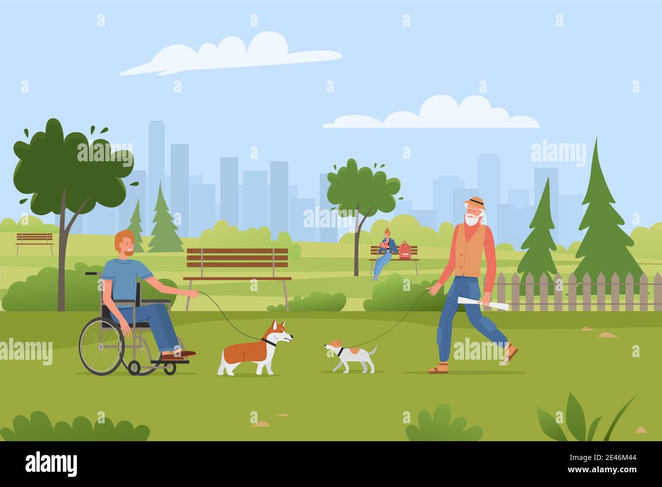People walk with pets dogs in summer city park vector illustration. Cartoon disabled man in wheelchair and elderly senior character walking with doggy animals, urban park cityscape scene background Stock Vector