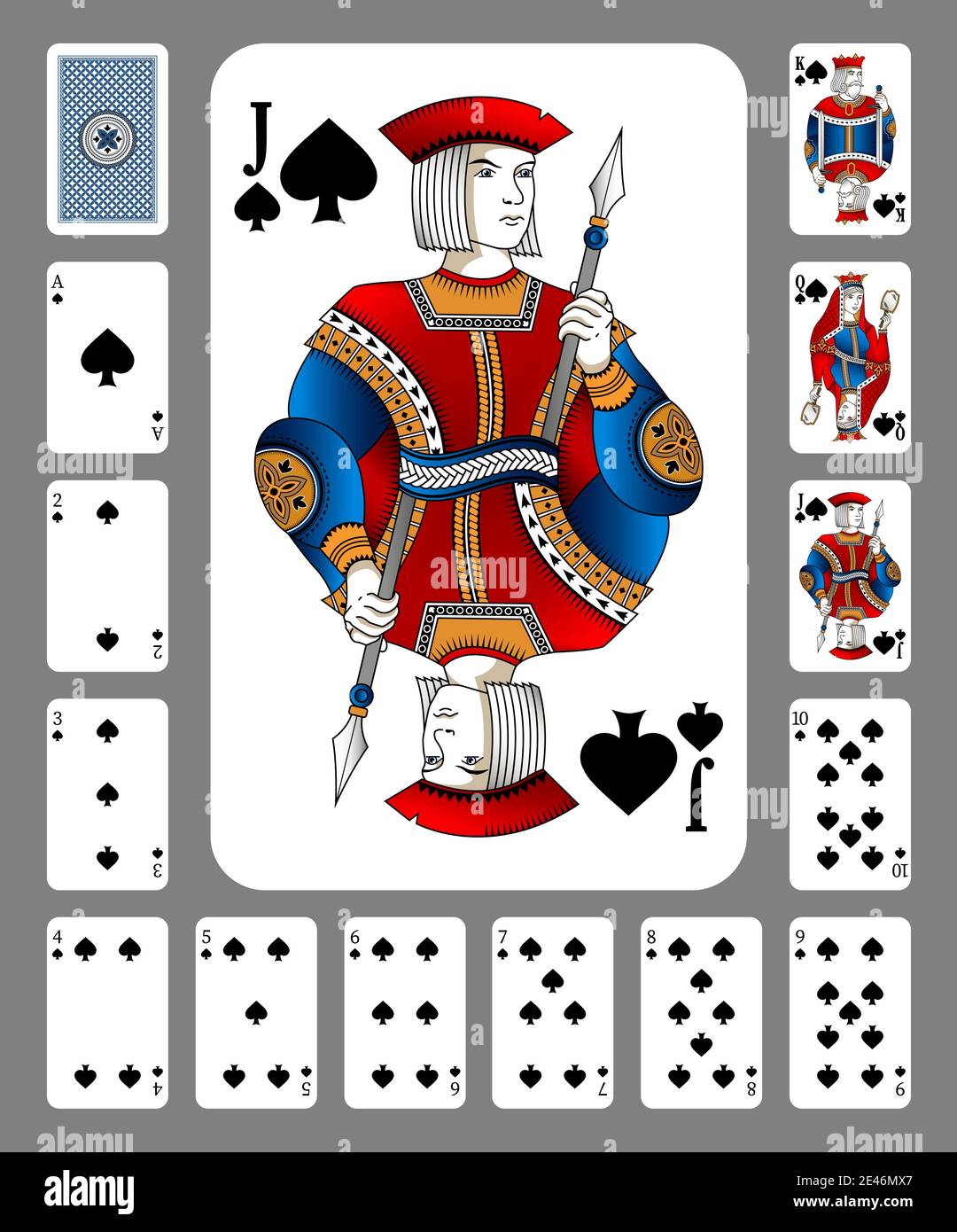 Playing cards of Spades suit on a green background. Original design