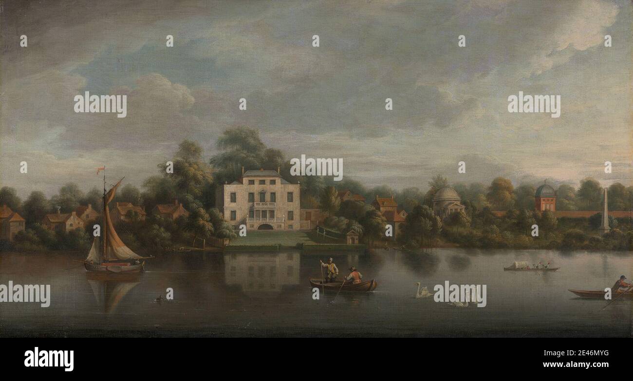 Joseph Nickolls, active 1713â€“ca. 1755, British, Pope's Villa, Twickenham, ca. 1755. Oil on canvas.   architectural subject , boats , buildings , costume , country house , domes , houses , landscape , men , obelisk , poet , river , rowboats , sailboat , swans , villa. England , Greater London , Thames , Twickenham , United Kingdom. Pope, Alexander (1688â€“1744), poet Stanhope, William, first earl of Harrington (1683?â€“1756), diplomatist and politician Stock Photo