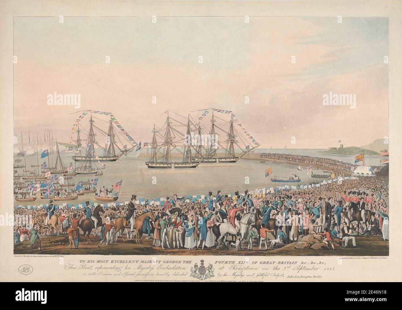 Robert Havell, 1769â€“1832, British, His Majesty's Embarkation at Kingstown on 3rd September 1821, 1823. Colored aquatint. Stock Photo