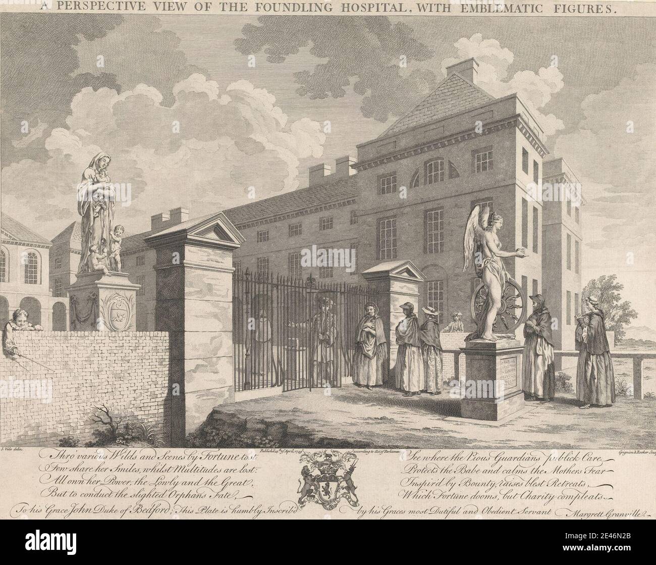 Charles Grignion, 1717â€“1810, British, A Perspective View of the Foundling Hospital with Emblematic Figures, 1749. Engraving. Stock Photo