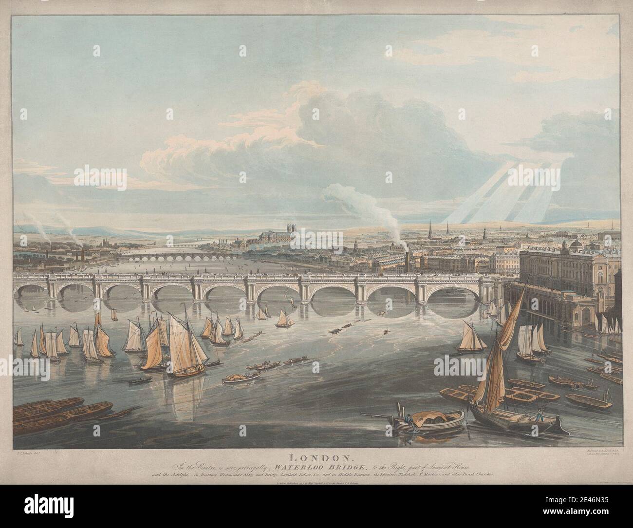 Robert Havell, 1769â€“1832, British, London. Waterloo Bridge, part of Somerset House, 1817. Colored aquatint. Stock Photo