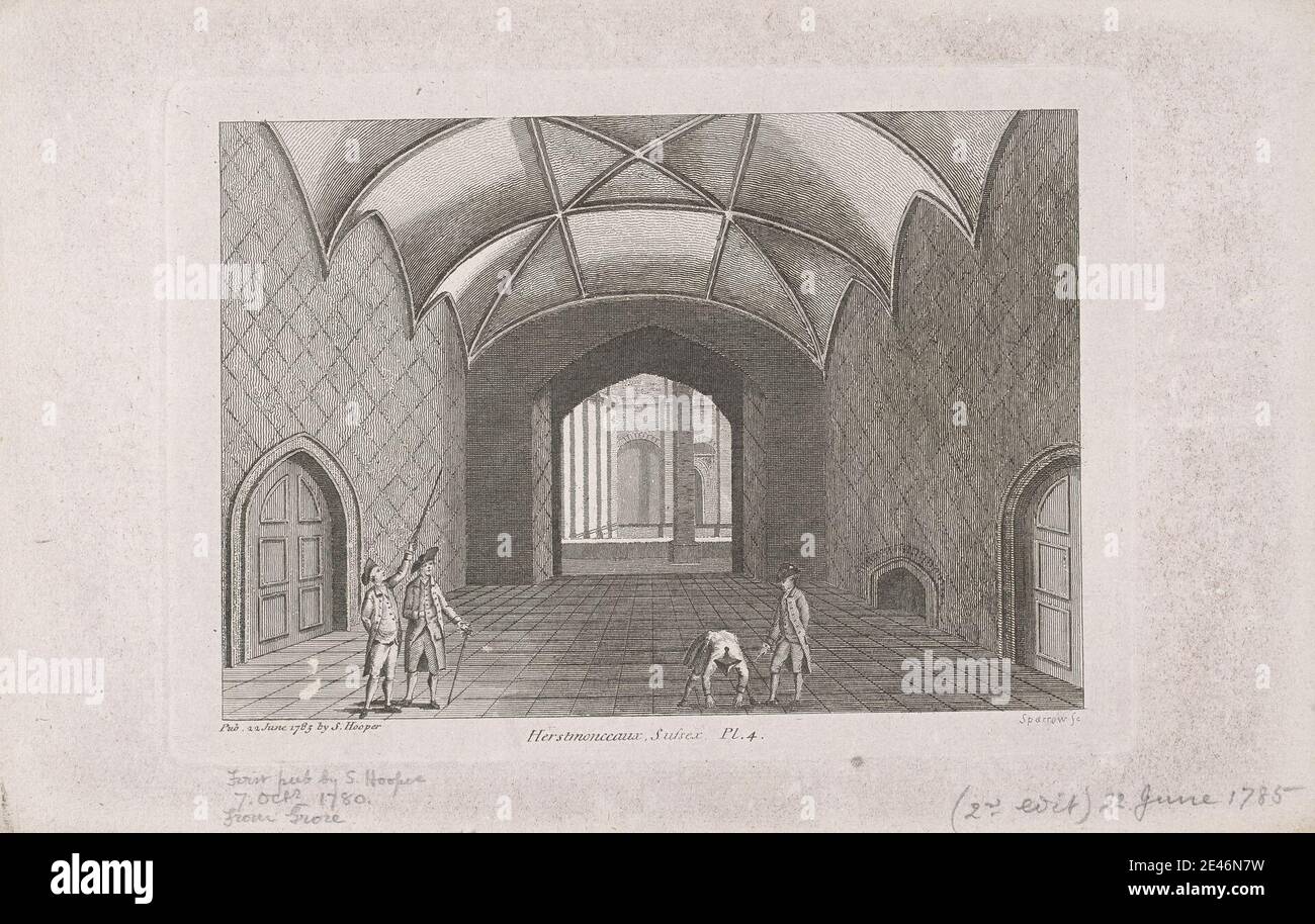 Sparrow, active 1773–1787, Herstmonceux Castle, Sussex Pl. 4, undated. Engraving, with graphite on slightly textured, medium, white wove paper.   architectural subject , castle Stock Photo