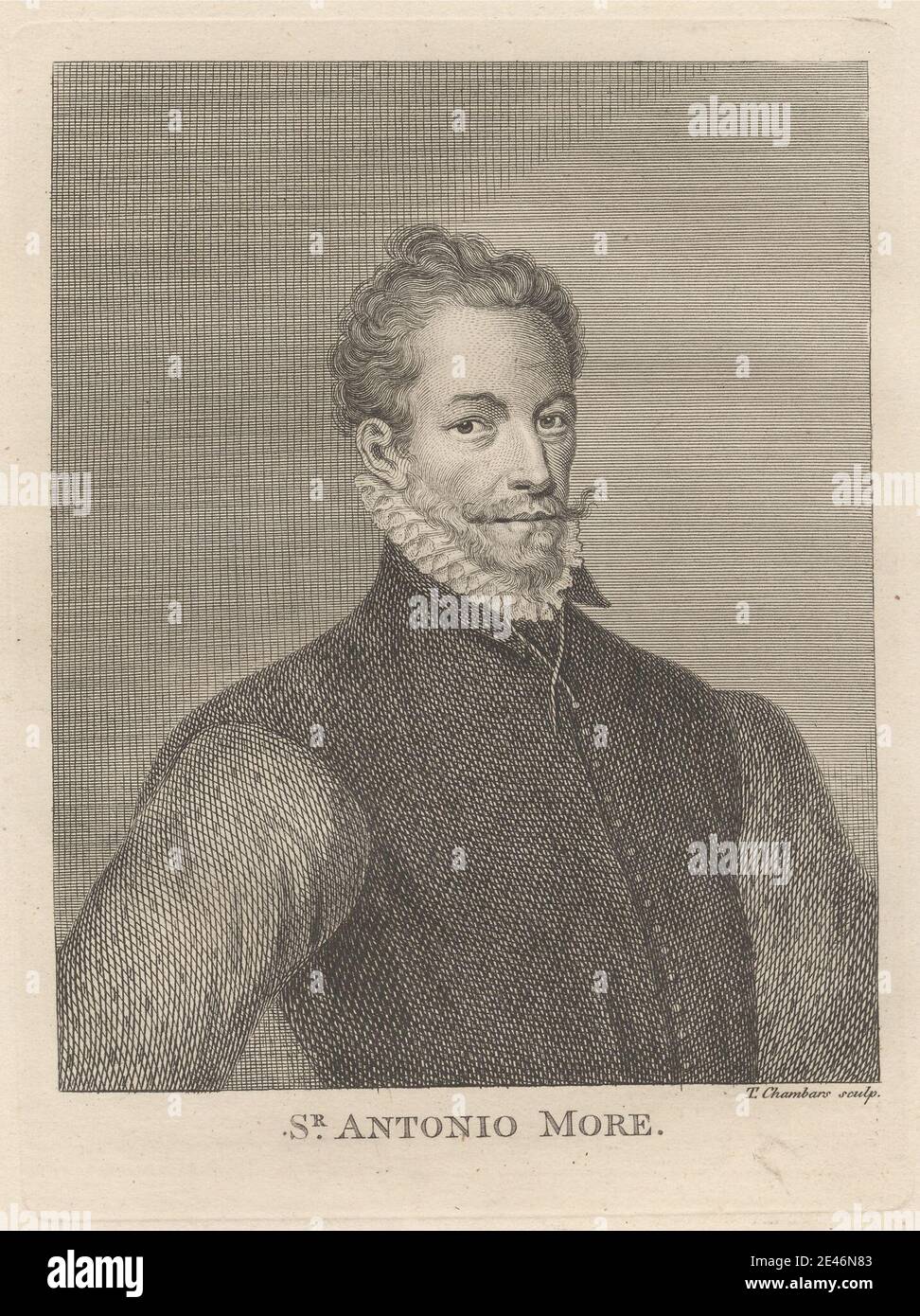 Print made by Thomas Chambars, ca. 1724–1789, British, Sir Antonio More, undated. Etching on moderately thick, smooth, cream wove paper.   buttons , illustration , man , moustache , portrait , posing , ruff , solemn , vest. Mor, Antonis (born 1512-1516, died ca. 1576), portrait painter Stock Photo