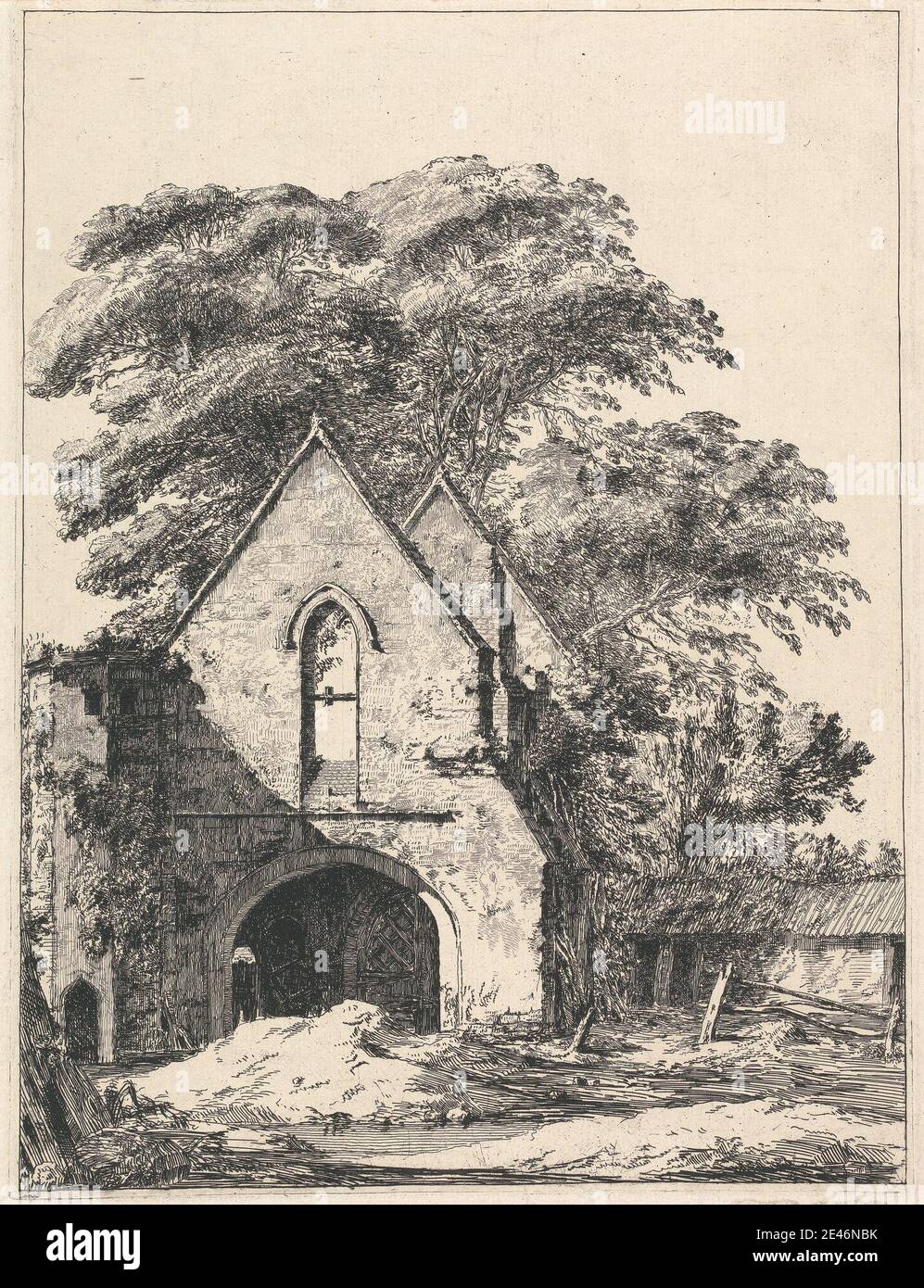 Heneage Finch fourth Earl of Aylesford, 1751–1812, British, Maxstoke Priory, undated. Etching on moderately thick, slightly textured, beige laid paper.   ancient , arches , architectural subject , buildings , bushes , church , fences , old , priory , ruins , rural , stones , towers , trees , vines , windows , wood. England , Maxstoke , Maxstoke Priory , North Warwickshire , United Kingdom , Warwickshire Stock Photo