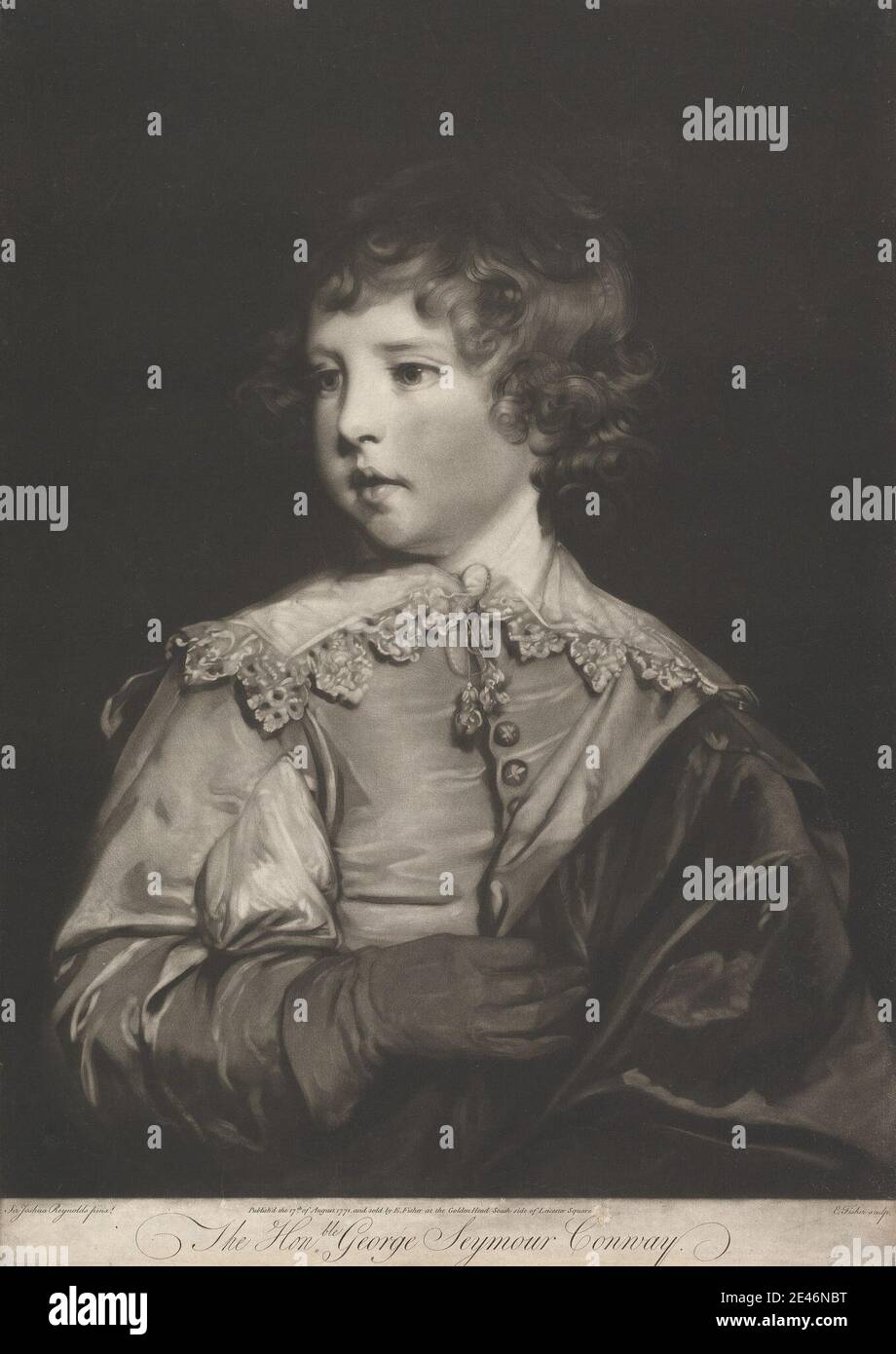 Edward Fisher, 1722–1785, British, The Honorable George Seymour Conway, 1771. Mezzotint on moderately thick, slightly textured, beige laid paper.   boy , buttons , child , cloak , collar , curls , gaze , gloves , lace , mantle , portrait , posing , satin , solemn , tassels , vest. Conway, Lord George Seymour (1763 - 1848), politician, comissioner of excise Stock Photo