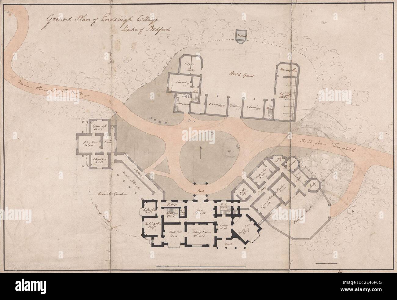 Studio of Sir Jeffry Wyatville, 1766–1840, British, Endsleigh Cottage, Devon: Ground Plan, ca. 1810. Graphite, watercolor, pen and black ink on slightly textured, medium, cream wove paper.   architectural subject Stock Photo