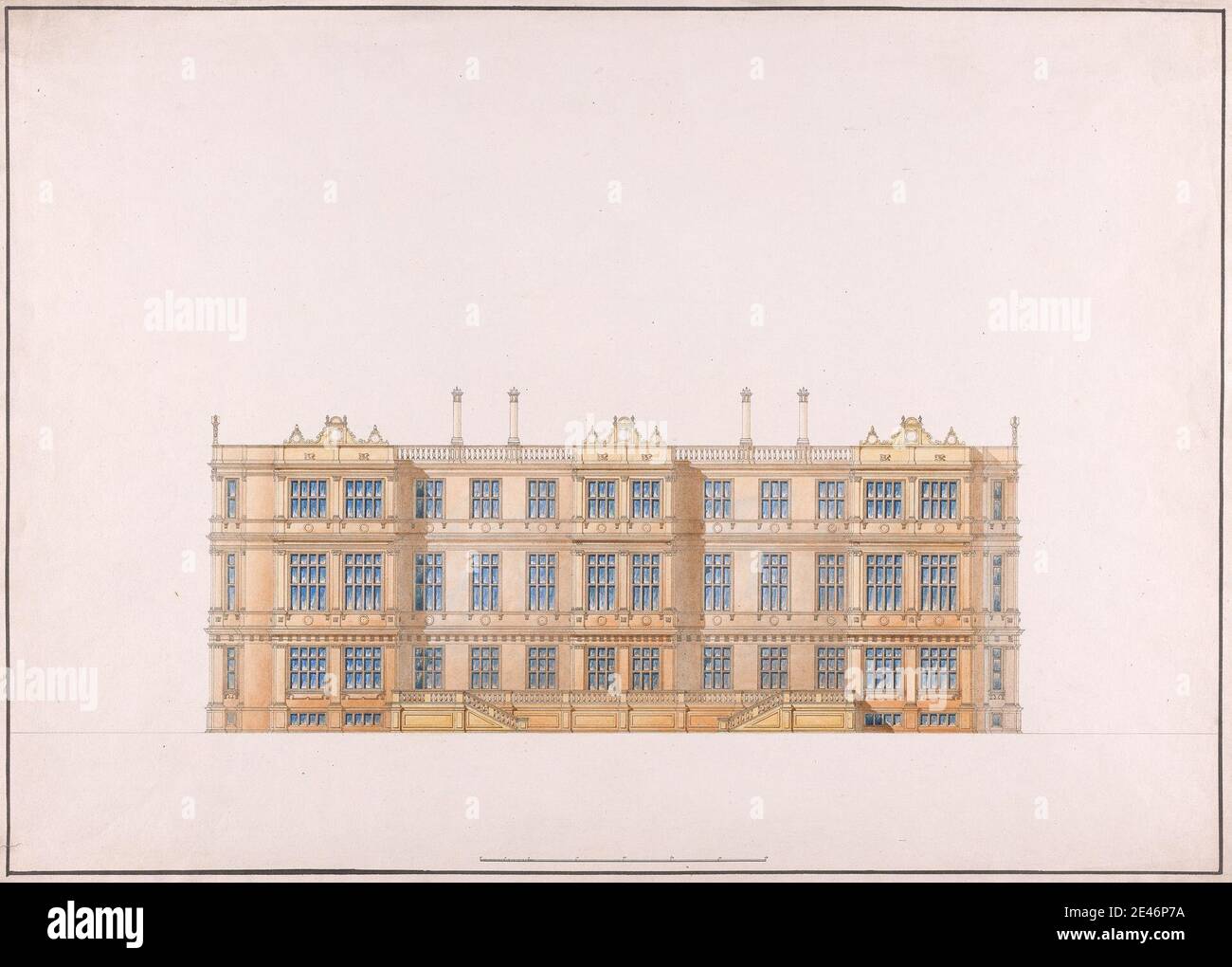 Studio of Sir Jeffry Wyatville, 1766–1840, British, Longleat, Somerset: Elevation, ca. 1810. Graphite, pen and black ink, watercolor on slightly textured, medium, cream wove paper.   architectural subject Stock Photo