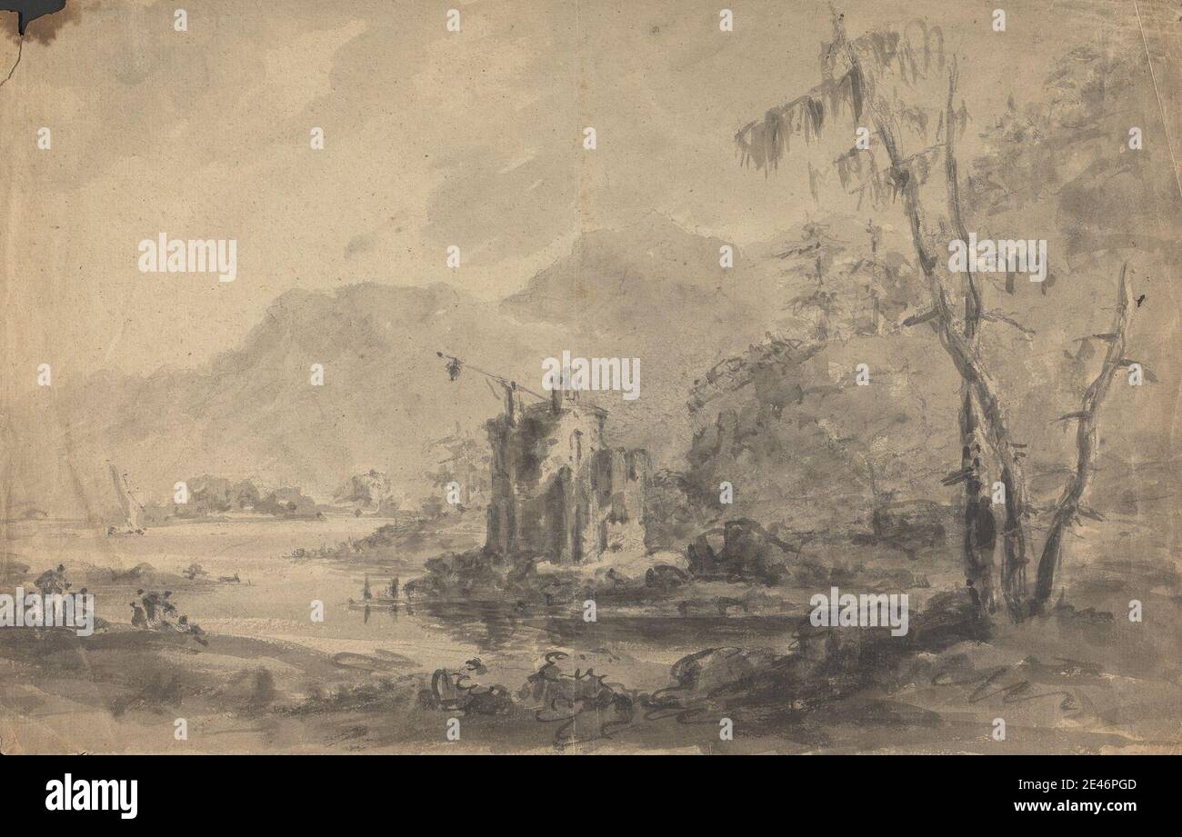 Rev. William Gilpin, 1724–1804, British, River Landscape with Castles, between 1762 and 1783. Gray wash, graphite, pen and black ink on moderately thick, moderately textured, beige laid paper.   boat , castles , landscape , men , mountains , river , trees Stock Photo