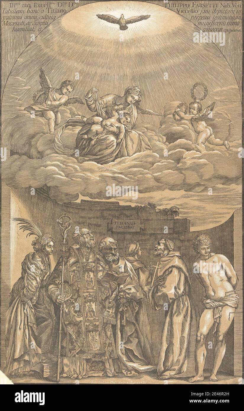 John Baptist Jackson, 1701–1780, British, The Virgin in the Clouds and Six Saints, 1742. Color woodcut.   angels , clouds , religious and mythological subject , saints , staff , wreaths. Jesus Mary Stock Photo