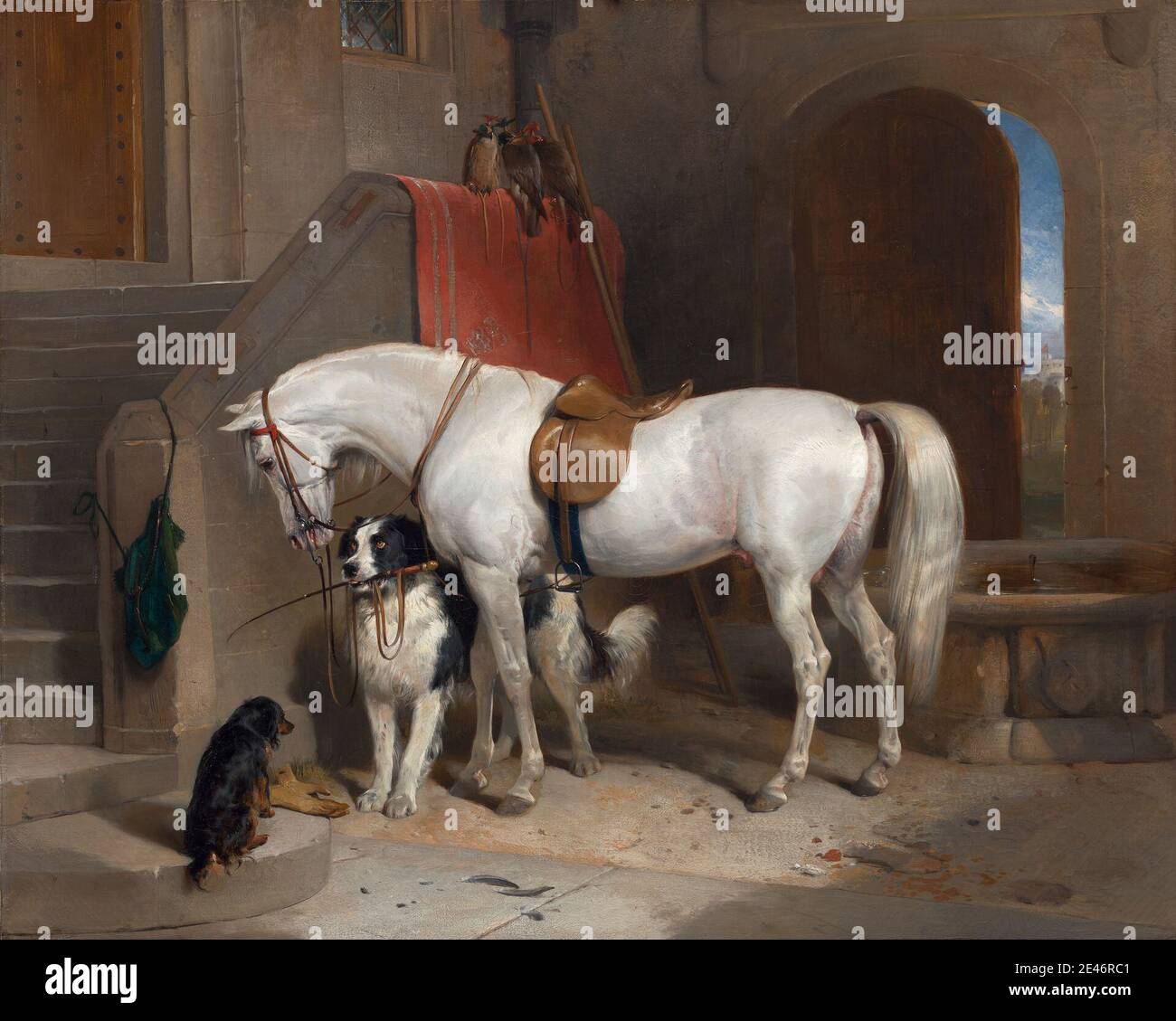 Sir Edwin Henry Landseer, 1802–1873, British, Favourites, the Property of H.R.H. Prince George of Cambridge, 1834 to 1835. Oil on canvas.   animals , birds , dog (animal) , door , feather , hawk , horse (animal) , hunting , interior , property , reins , saddle , sporting art , stairs , whip. Cambridge , Cambridgeshire , England , Europe , United Kingdom , Windsor Castle Stock Photo