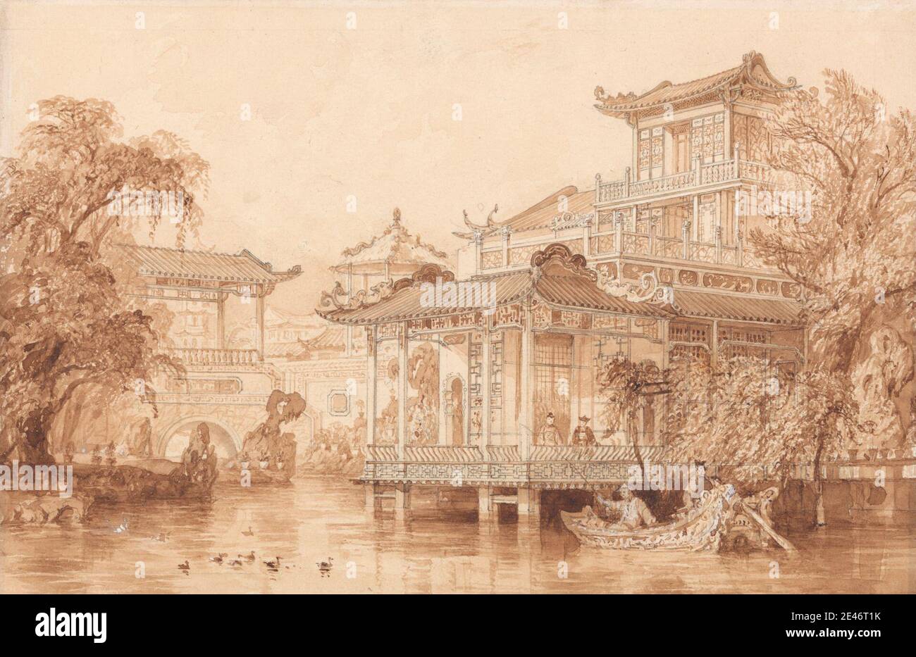 Thomas Allom, 1804–1872, British, The House of a Chinese Merchant near Canton, undated. Brown wash and pen and brown ink over graphite with white gouache on medium, slightly textured, cream wove paper.   architectural subject , boat , genre subject , men , trees. Asia , China Stock Photo