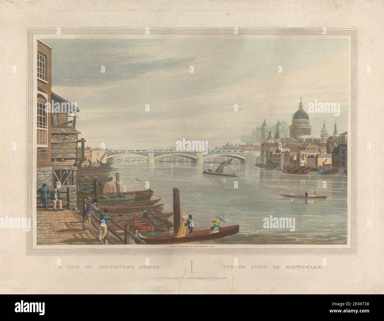 Robert Havell, 1769–1832, British, A View of Southwark Bridge, 1820. Aquatint, hand-colored. Public Domain Stock Photo