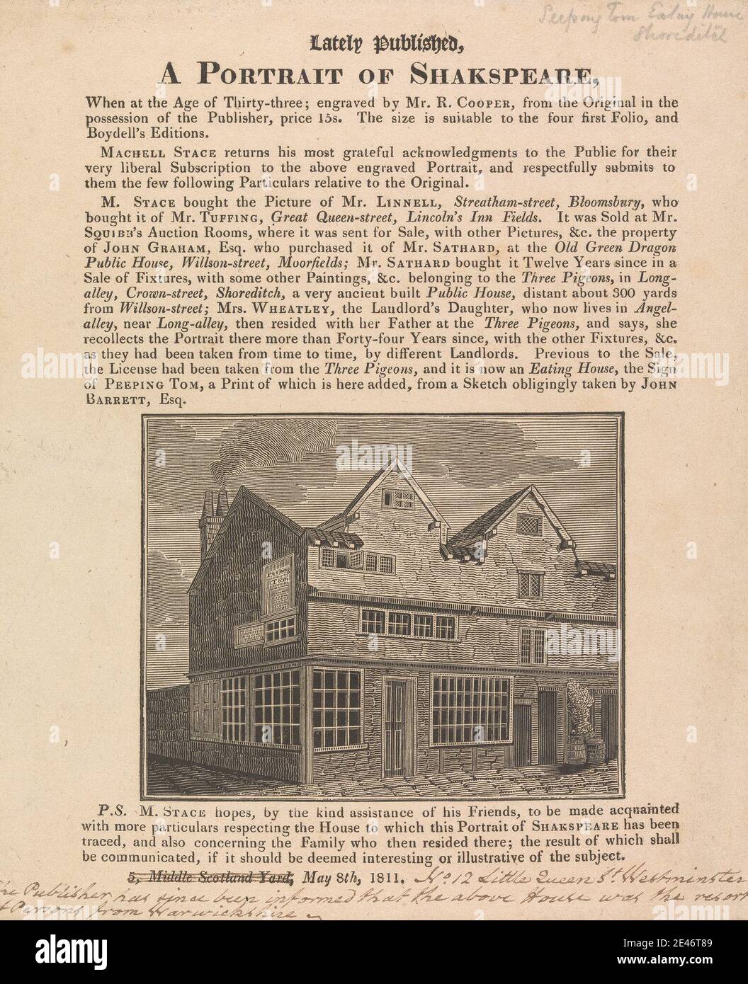 unknown artist, Sleeping Tom's Eating House, Shoreditch, 1811. Letterpress, engraving. Public Domain Stock Photo