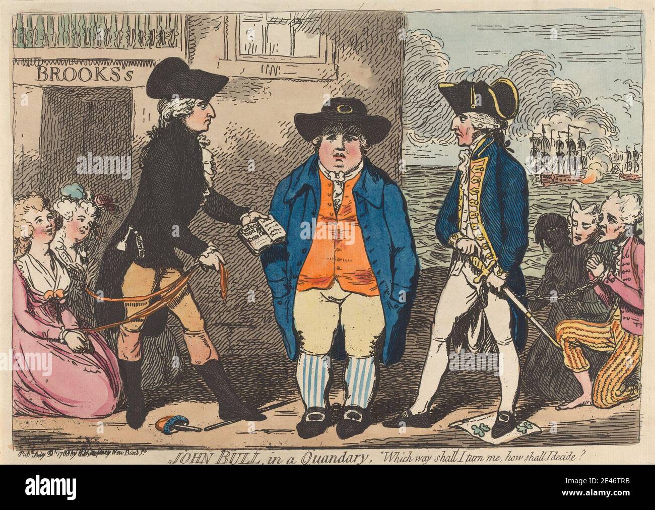 (?) James Gillray, 1757–1815, British, John Bull, in a Quandary, Which Way Shall I Turn Me, How Shall I Decide?, 1789. Etching, hand-colored. Public Domain Stock Photo