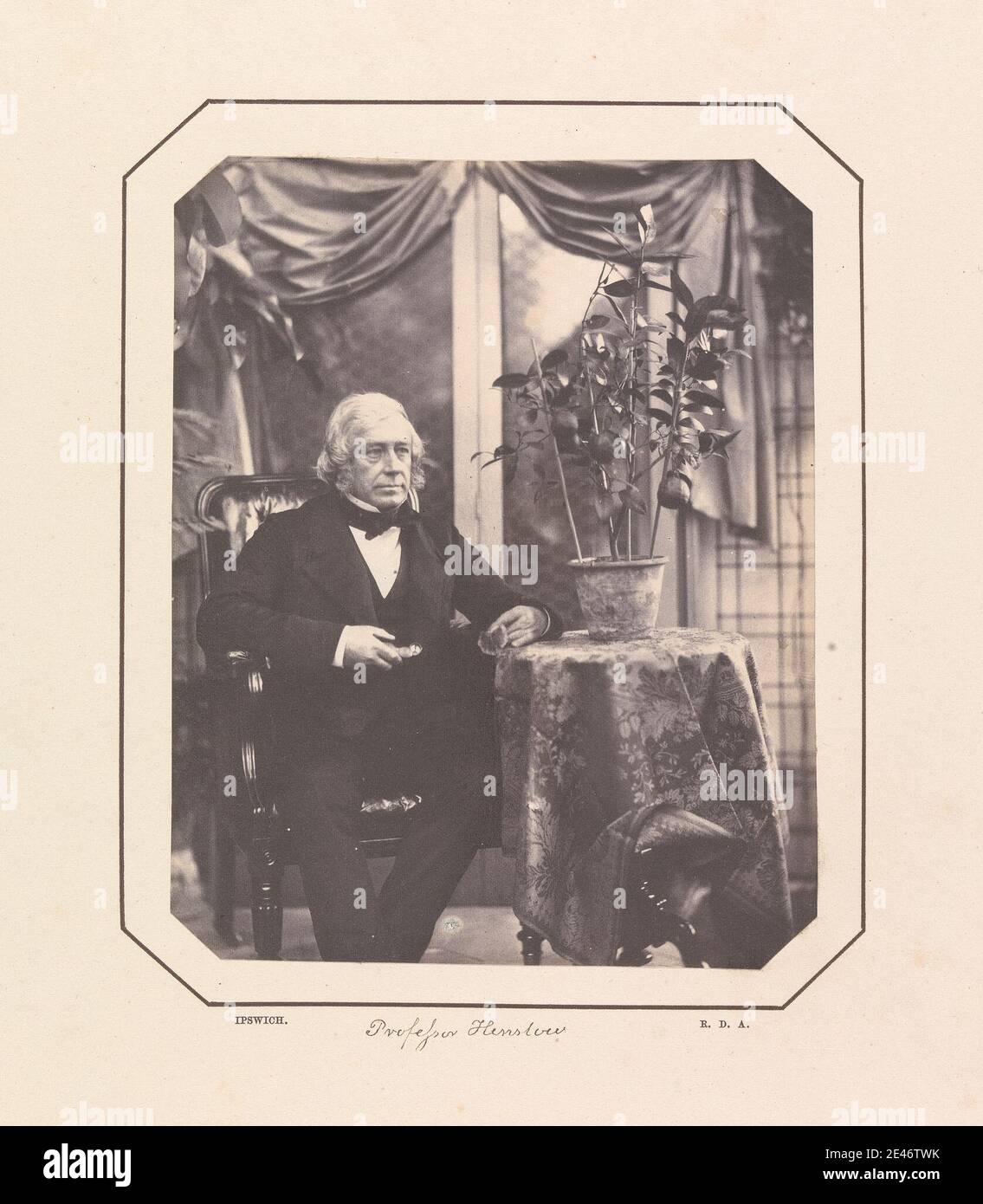 Richard Dykes Alexander, 1788–1865, British, Professor Henslow with Plant, ca. 1855. Salted paper print from a wet collodion negative on thin, smooth, cream wove paper.   chair , fruit , man , plant , portrait , table , tree Stock Photo