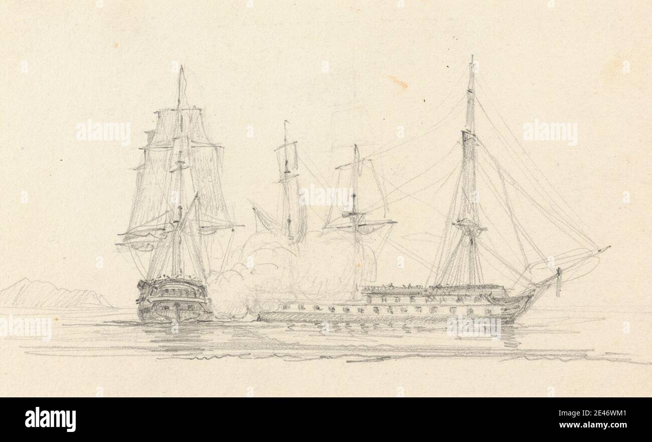 Joseph Cartwright, c.1789–1829, British, Four Ships at Battle, undated. Graphite on medium, moderately textured, cream, wove paper, mounted on, moderately thick, slightly textured, cream, wove paper. Public Domain Stock Photo