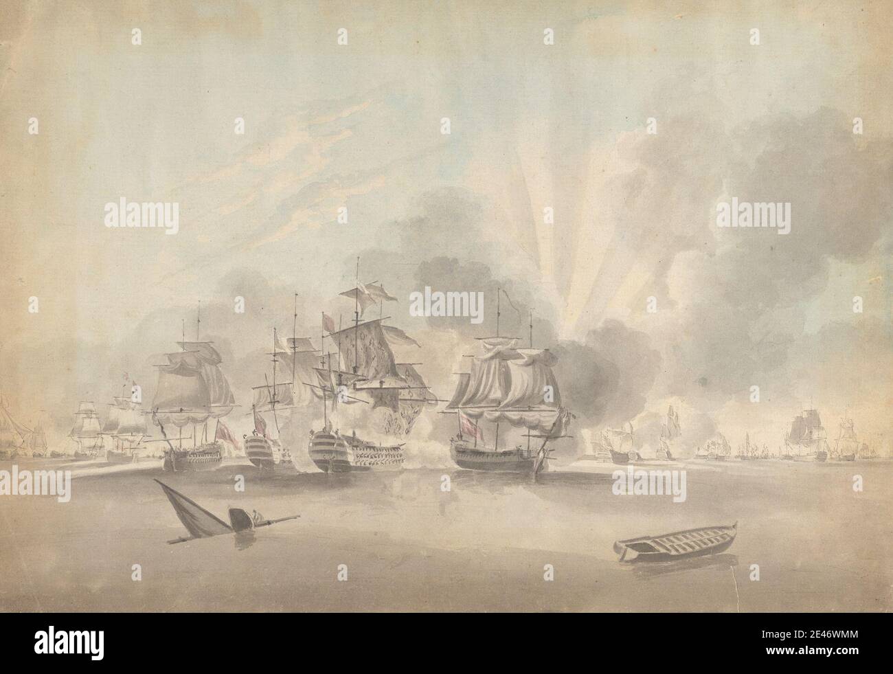Joseph Cartwright, c.1789–1829, British, Battle Scene: Battleships, Frigates and Corvettes; Sinking Boat and Rowboat, undated. Watercolor, pen and black ink, gray ink, gray wash and graphite on moderately thick, moderately textured, beige, laid paper. Public Domain Stock Photo