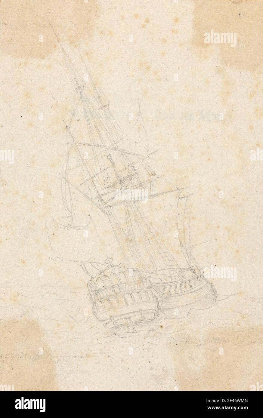 Joseph Cartwright, c.1789–1829, British, Single Frigate Class Ship. Stern Forward, in Heavy Seas, undated. Graphite on medium, slightly textured, beige, laid paper, mounted on, moderately thick, smooth, beige, wove paper. Public Domain Stock Photo