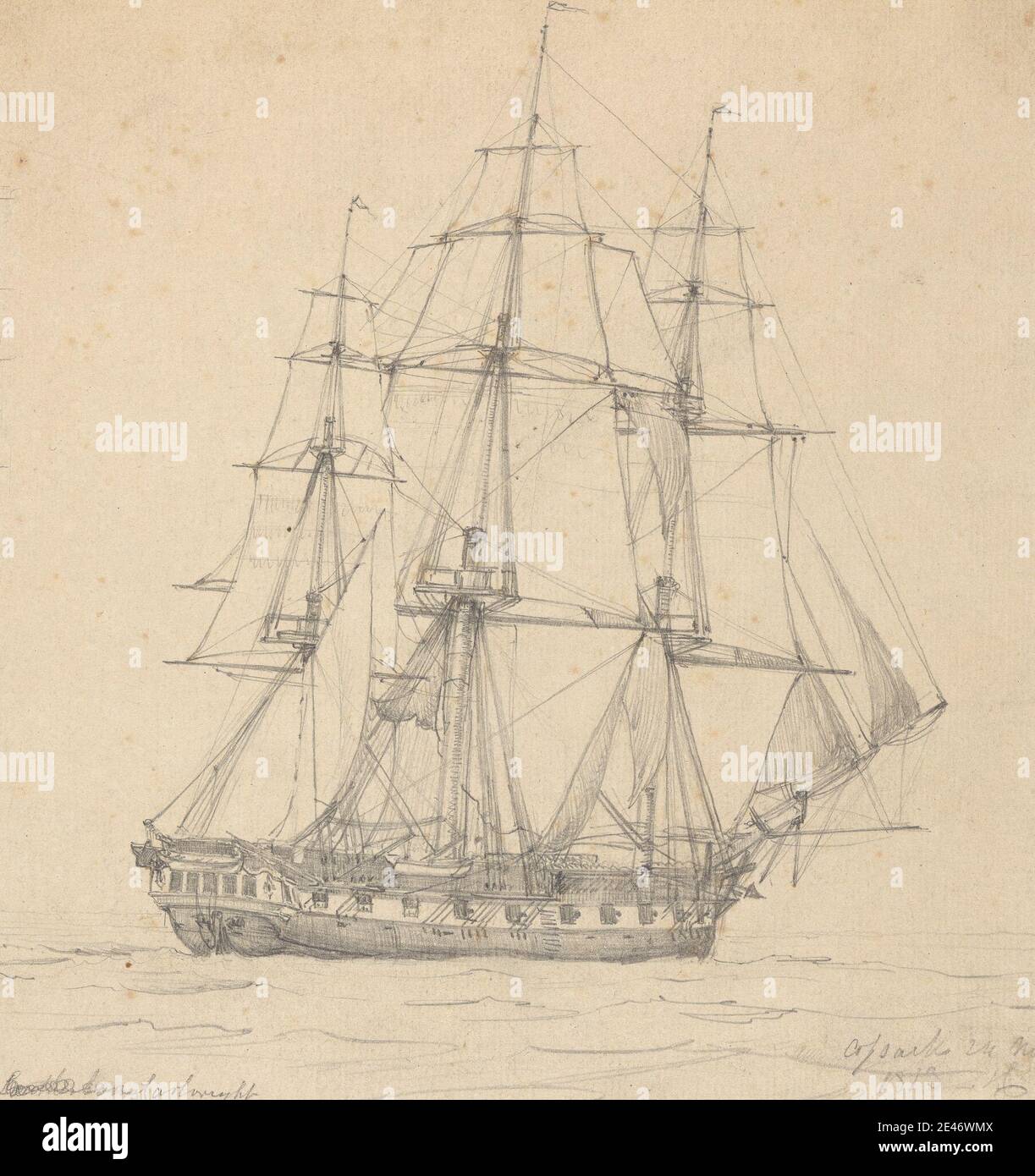 Joseph Cartwright, c.1789–1829, British, Single Frigate, Stern Forward 1813, 1813. Graphite on moderately thick, moderately textured, beige, laid paper, mounted on, moderately thick, smooth, beige, wove paper. Public Domain Stock Photo