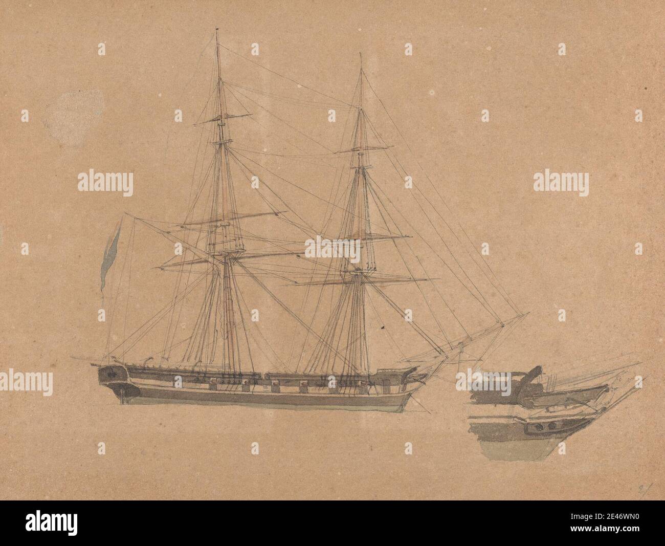 Joseph Cartwright, c.1789–1829, British, Side View of Single Brig and Bow of Another, undated. Watercolor, pen and black ink, and graphite on medium, moderately textured, brown, wove paper, mounted on, moderately thick, smooth, beige, wove paper. Public Domain Stock Photo