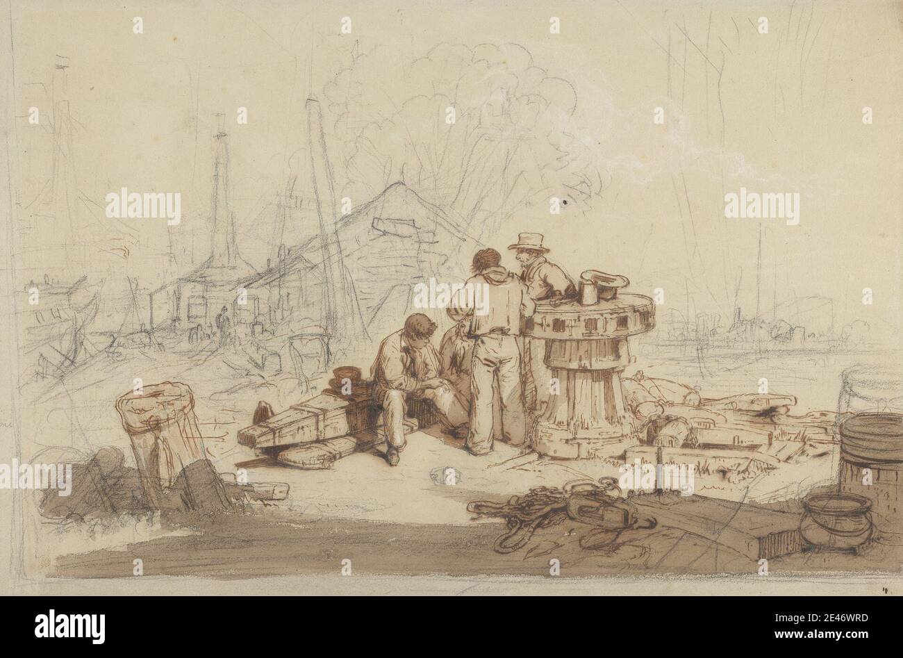 Edward Duncan, 1803–1882, British, Study of Fishermen and Gear, undated. Pen, in brown ink, brown wash, graphite, and white gouache on moderately thick, slightly textured, gray, wove paper. Public Domain Stock Photo