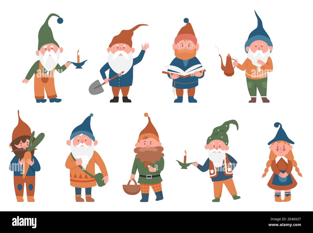 Cute fairytale gnomes vector illustration set. Cartoon funny gnome or dwarf male female fairy character standing in various poses, holding mushroom, working in garden, reading book isolated on white Stock Vector