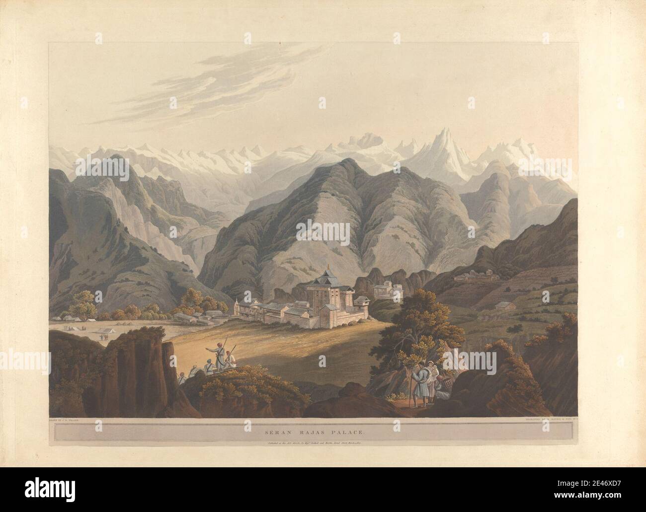 Print made by Robert Havell, 1769–1832, British, Seran Raja's Palace, 1820. Aquatint with hand coloring on moderately thick, moderately textured, cream wove paper.   architectural subject , Hinduism , landscape , men , mountains , palace , temple , village. Asia , Bhimakali Temple , Himachal Pradesh , India , Sarahan Stock Photo