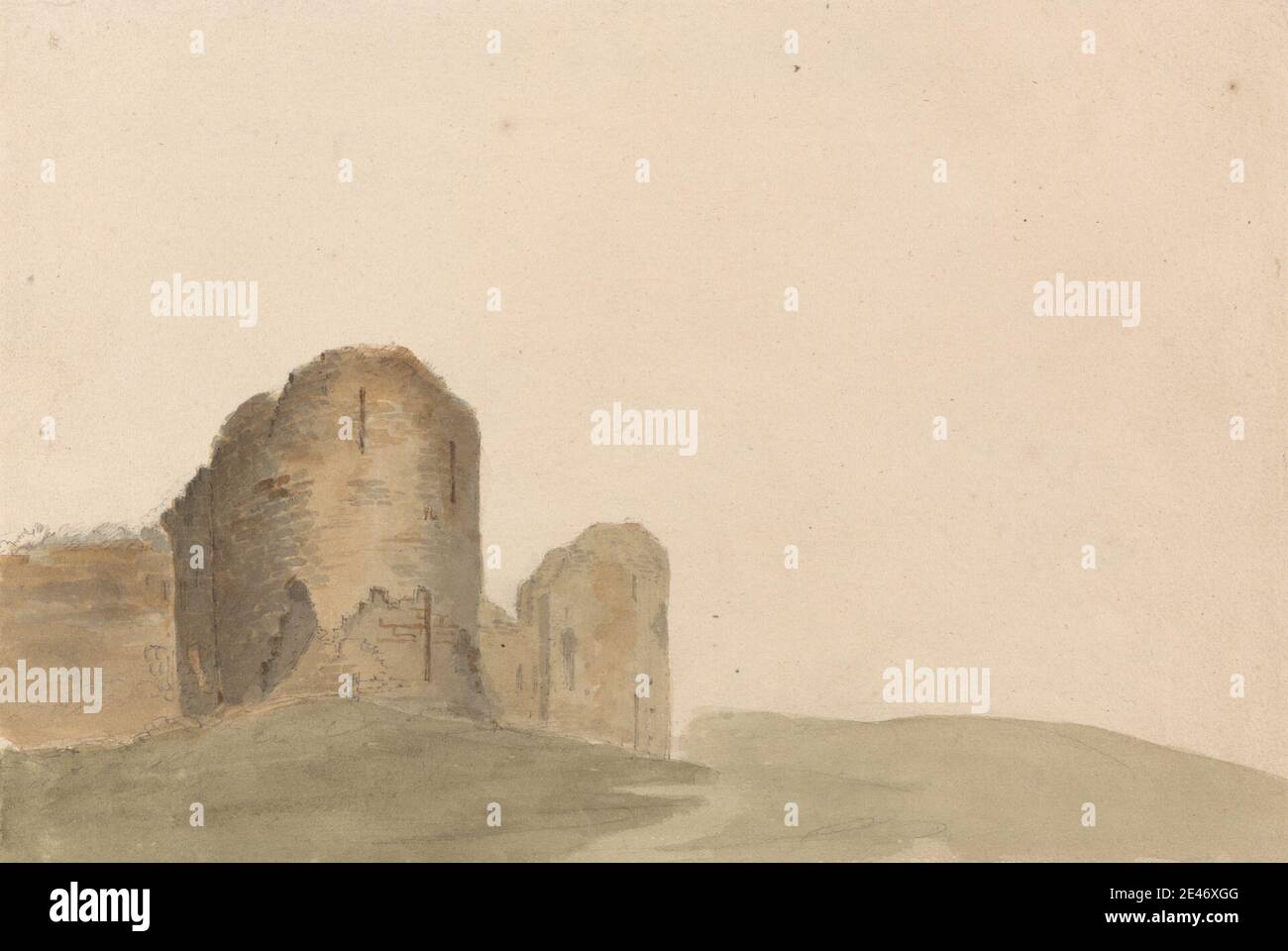 James Moore, 1762–1799, British, Pevensey Castle, Sussex, undated. Watercolor and graphite on medium, slightly textured, cream wove paper.   architectural subject , arrow loops , battlements , castle , loopholes , ruins , stonework , towers (building divisions) , walls. East Sussex , England , Europe , Pevensey , Pevensey Castle , United Kingdom Stock Photo