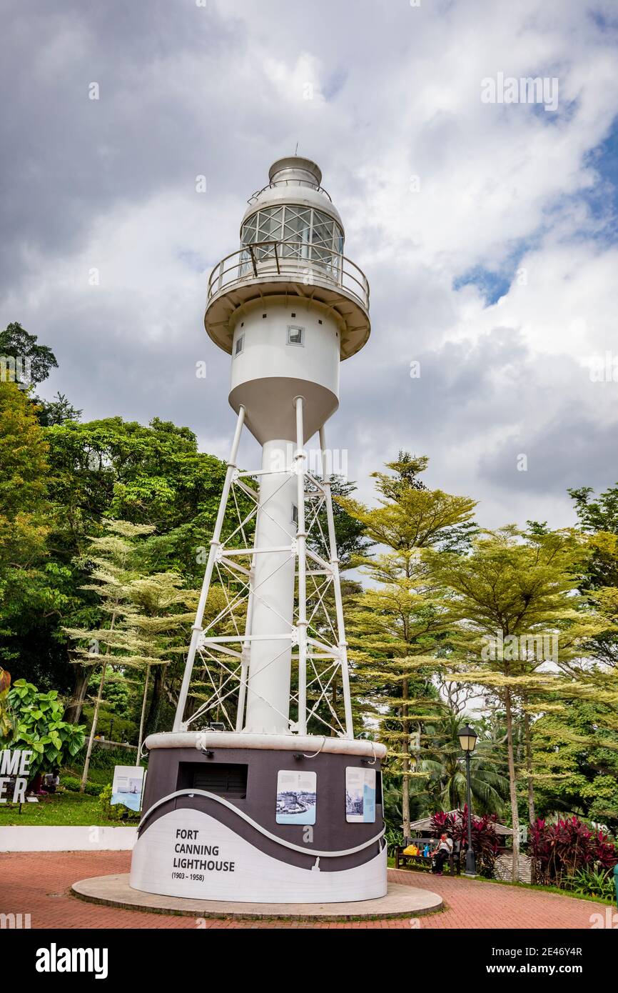In 1903, Fort Canning Lighthouse was built on the southern side of Fort Canning Hill to help guide ships safely into Singapore Harbour. Stock Photo