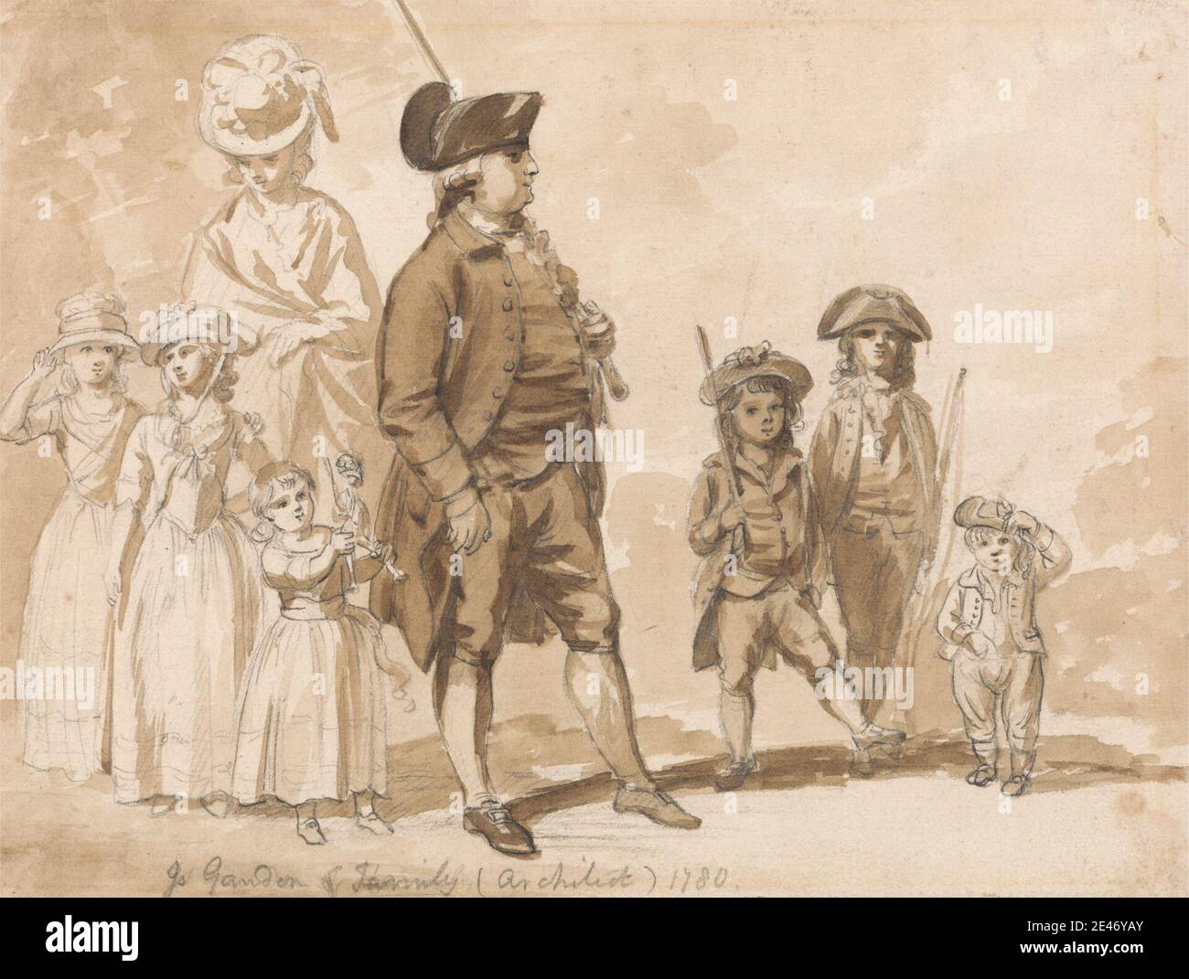 Paul Sandby RA, 1731–1809, British, James Gandon and Family, 1780. Brown wash, graphite, and pen and brown ink on medium, cream, slightly textured wove paper.   architect , brothers , children , daughters , doll , dolls , family , father , hats , leisure , mother , portrait , siblings , sisters , soldiers , sons , toys. Gandon, James (1742–1823), architect Stock Photo