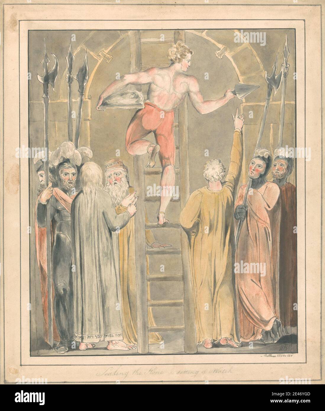 William Blake, 1757–1827, British, Sealing the Stone and Setting a Watch, 1800 to 1803. Watercolor, with pen, in gray ink, black ink and graphite on moderately thick, slightly textured, wove paper.   armor , cement , joust , ladder , masonry , men , mortar , pike , religious and mythological subject , sepulcher , soldier , spear , stone , tomb , trowel Stock Photo