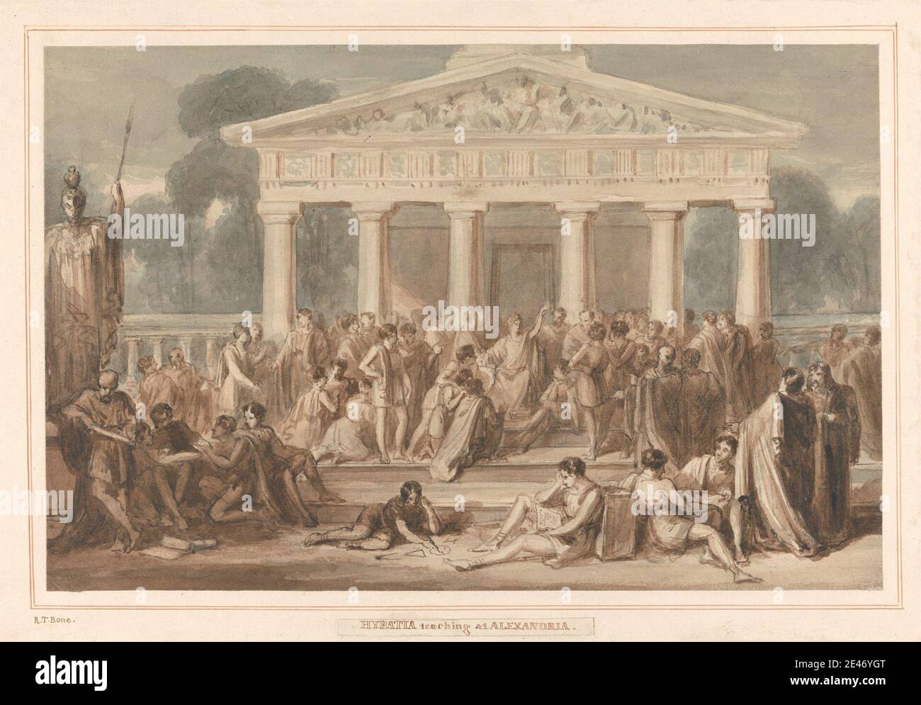 Robert Trewick Bone, 1790–1840, British, Hypatia Teaching at Alexandria, undated. Watercolor and brown ink on medium, moderately textured, cream, wove paper mounted on mediuim, moderately textured, cream, wove paper.   ancient , architectural subject , columns , crowd , Greek , historical subject , instruction , student , teaching Stock Photo