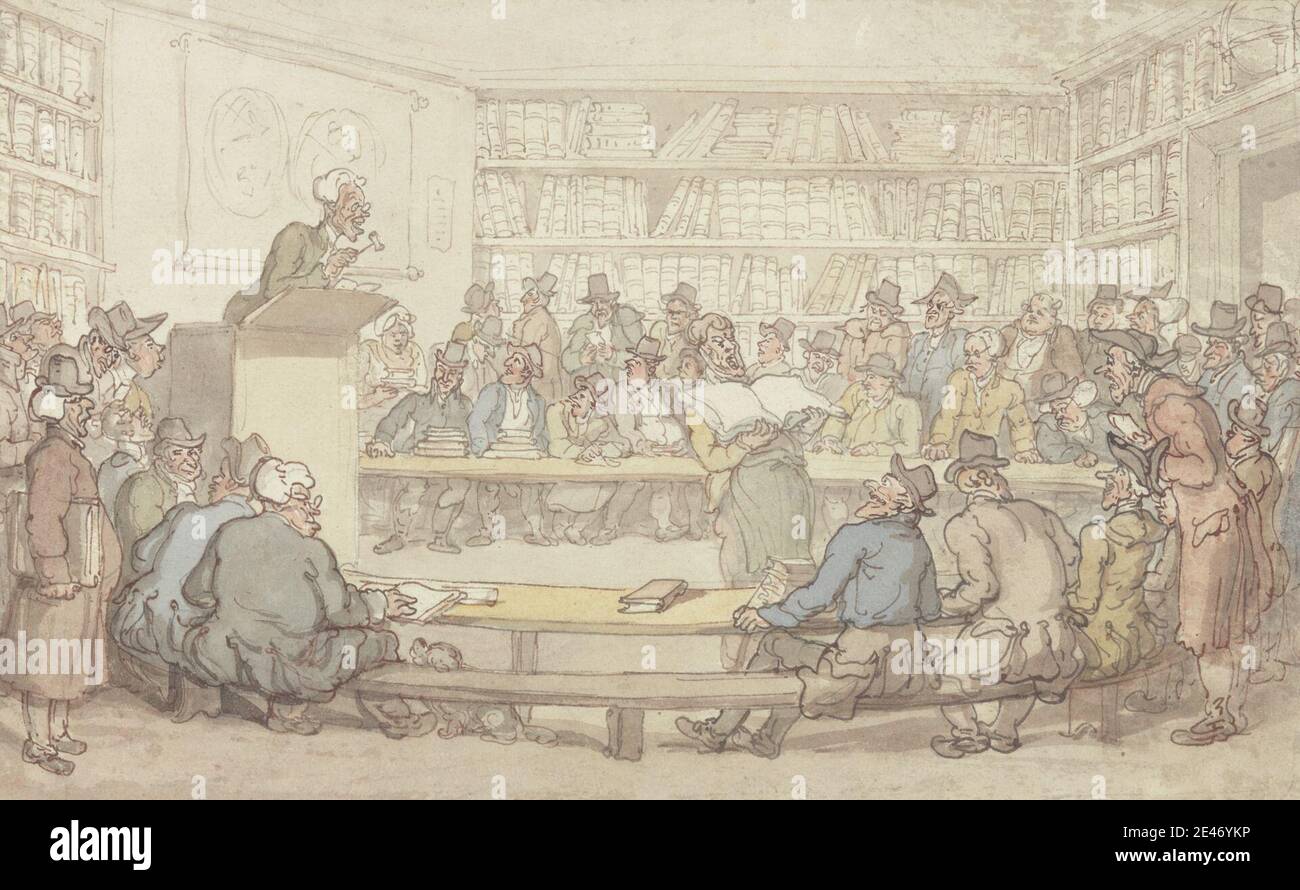 Thomas Rowlandson, 1756–1827, British, A Book Auction, between 1810 and 1815. Watercolor and graphite with pen and brown ink and pen and gray ink on medium, slightly textured, blued white wove paper.   auction , auctioneer , benches, meeting house , books , bookshelves , dog (animal) , genre subject , hats , men , sitting , standing , world map Stock Photo