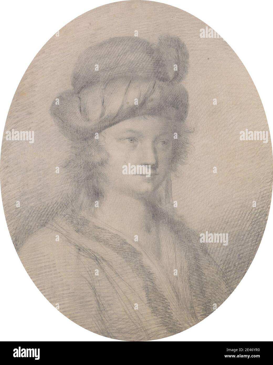 Thomas Worlidge, 1700–1766, British, Young Man in a Feather Hat, undated. Graphite on medium, smooth, cream wove paper.   feathers , figure study , hat , man Stock Photo
