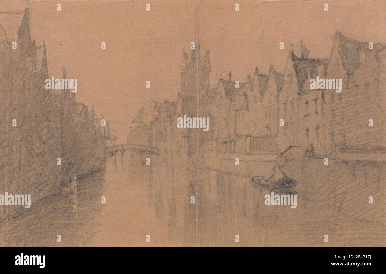 unknown artist, View of a Canal in Dordrecht, between 1875 and 1885. Graphite on thin, slightly textured, beige wove paper.   architectural subject , boats , bridge (built work) , buildings , canal , cityscape , houses. Dordrecht , Dordrecht, Gemeente , Europe , Holland , Netherlands , Zuid-Holland Stock Photo