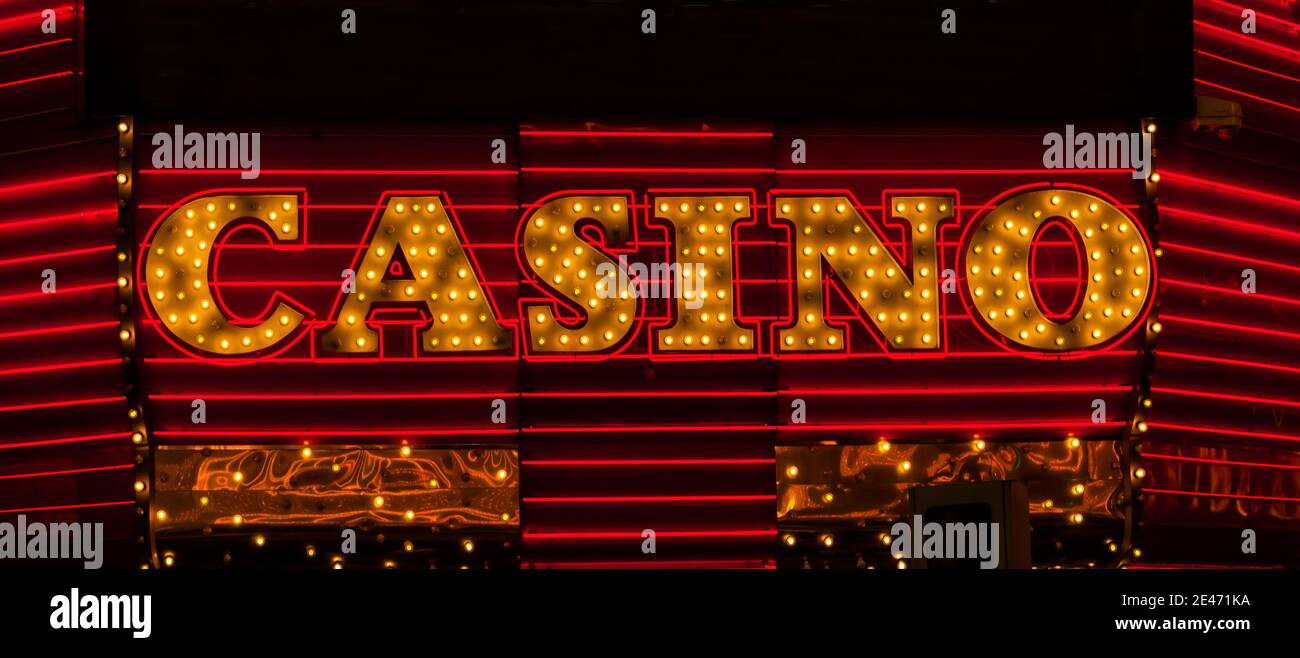 After Dark Illumination of The Casino Neon Sign, The Freemont Street Experience, Las Vegas, Nevada, USA Stock Photo