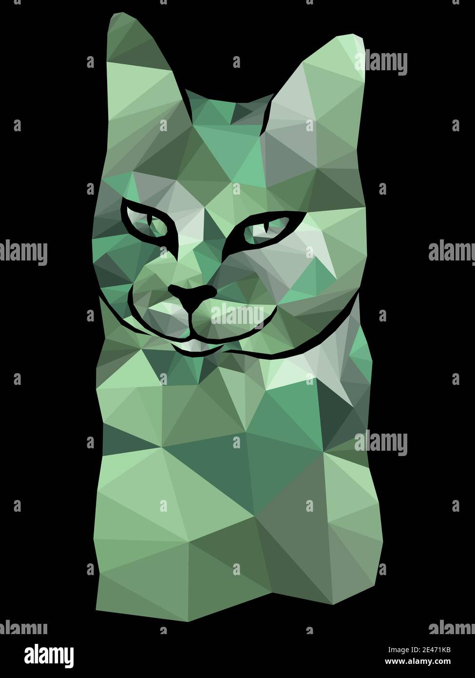 Mosaic of funny cat in muted green hues isolated on the black