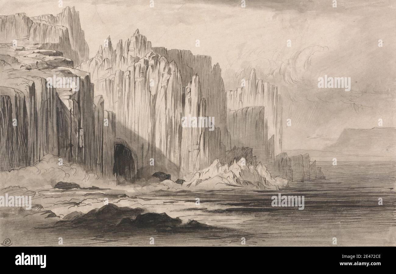 Edward Lear, 1812–1888, British, The Capo Sant' Angelo, Amalfi, ca. 1885. Pen in gray and black ink with gray wash over graphite on moderately thick, slightly textured, cream wove paper.   cave , cliffs , landscape , rocks (landforms) , sea , sky. Amalfi , Italy , Salerno , Salerno, Golfo di Stock Photo