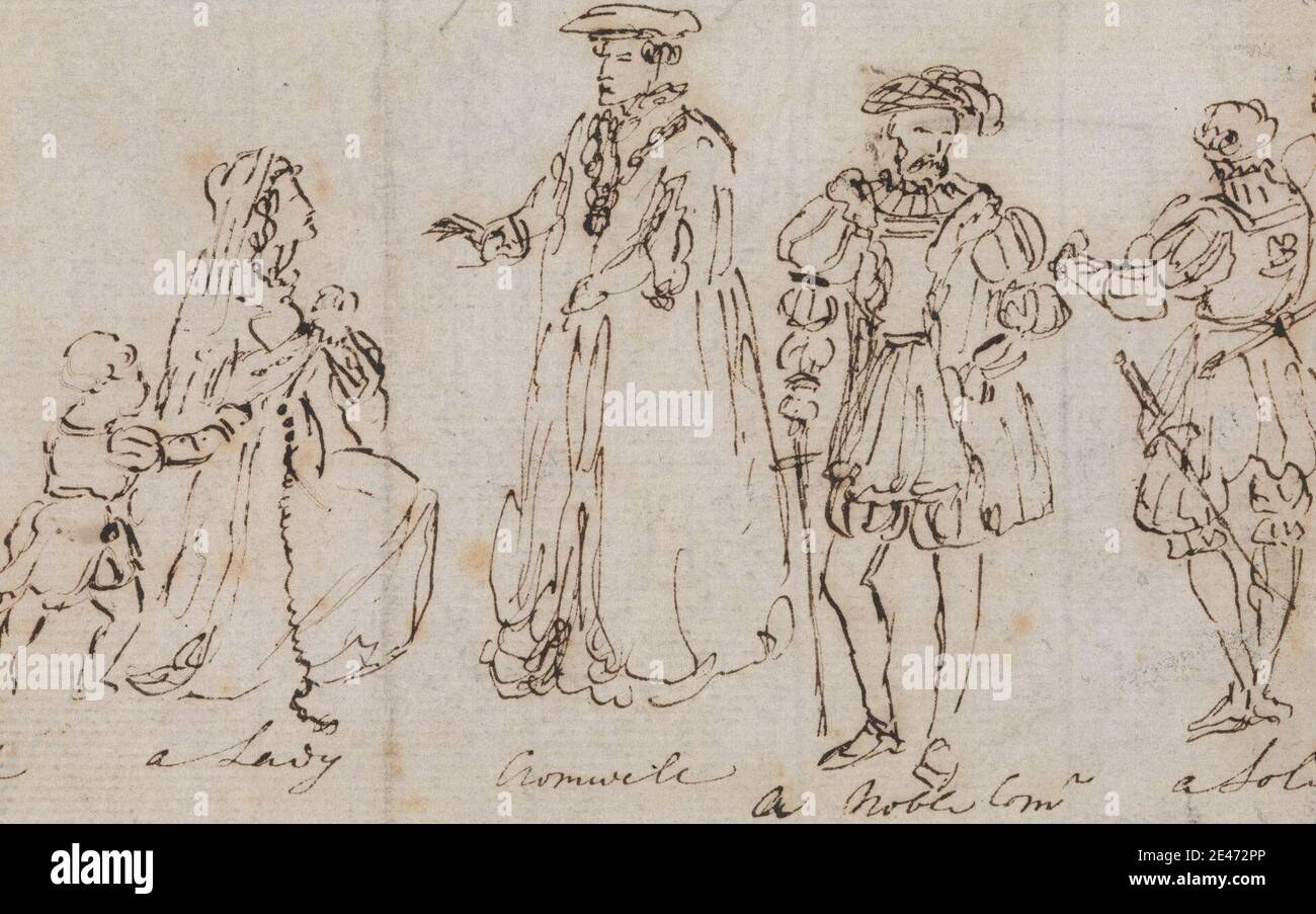 circle of Charles Robert Leslie, 1794–1859, British, Study of 16th Century Costumes, undated. Pen and brown ink on medium, cream, slightly textured laid paper mounted on green card.   costume , figure study , lady , men , nobleman , soldier , women. Cromwell, Thomas (1485-1540), lawyer and statesman Stock Photo