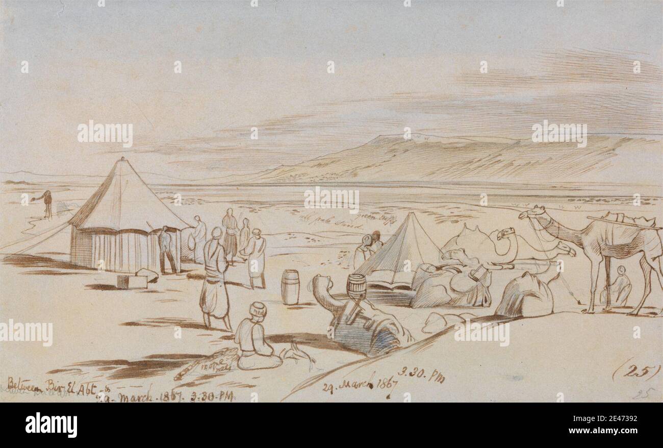 Edward Lear, 1812–1888, British, Between Bir El Abt, 1867. Watercolor, graphite, pen and brown ink on moderately thick, slightly textured, blue wove paper.   camels (mammals) , camp sites (temporary settlements) , figures (representations) , genre subject , landscape , sand , sky , tents. Africa , Egypt Stock Photo