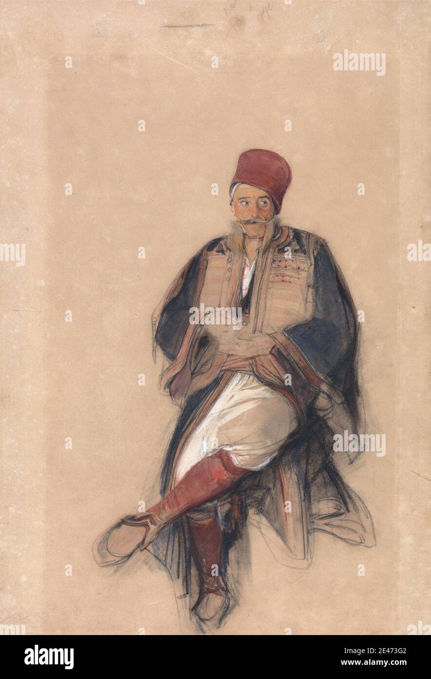 John Frederick Lewis, 1804–1876, British, Seated Turk, between 1840 and 1841. Watercolor, white gouache, black chalk, and graphite on medium, slightly textured, beige wove paper.   fezes , men , moustache , portrait , robes , Turkish Stock Photo